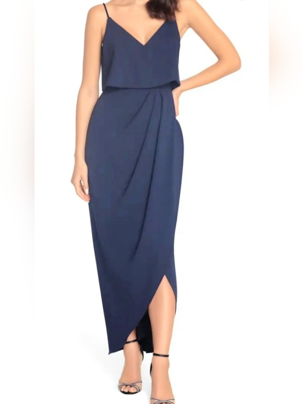 XSCAPE Scuba Crepe Navy Blue Dress v-neck